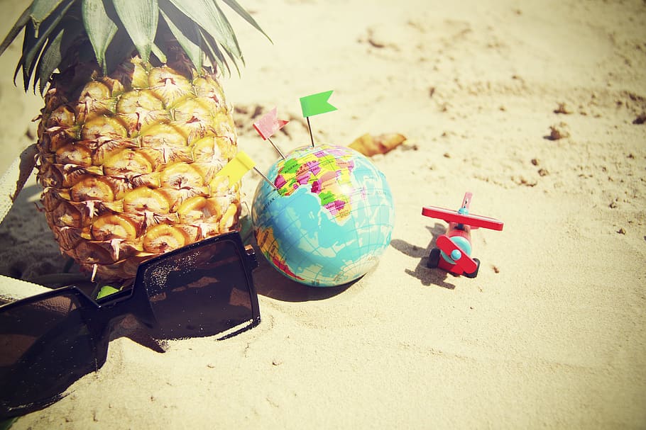 food, sunglasses, sand, pineapple, background, close-up, colors HD wallpaper