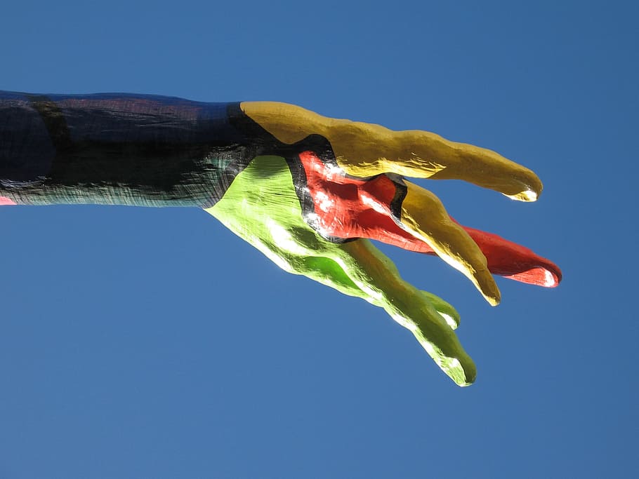 sculpture, hand, colors, clear sky, blue, nature, day, no people HD wallpaper
