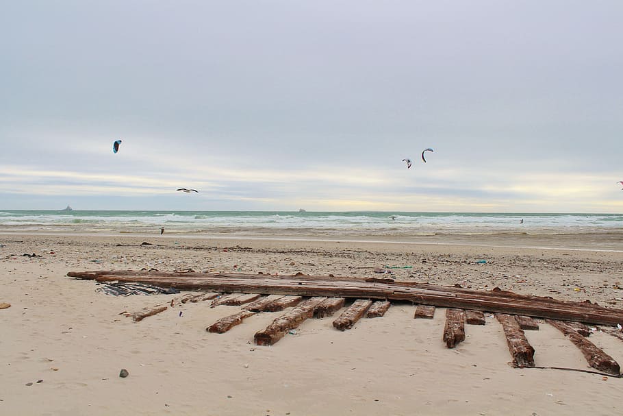 brown wooden planks near sea, beach, wreck, coast, sand beach HD wallpaper