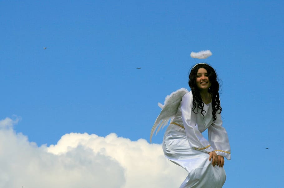 angel sitting on cloud under clear sky, wings, women, outdoors HD wallpaper