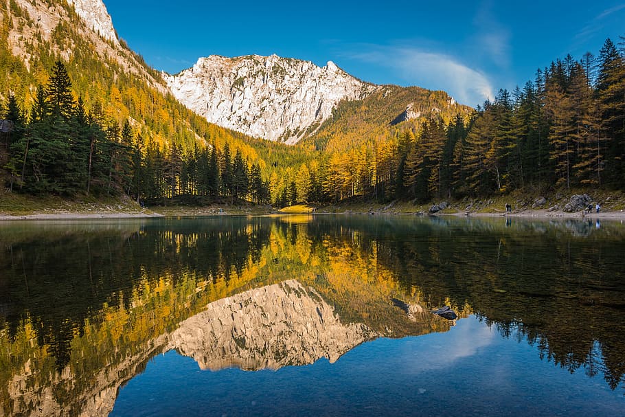 reflection photography of trees and rock formation, landscape HD wallpaper
