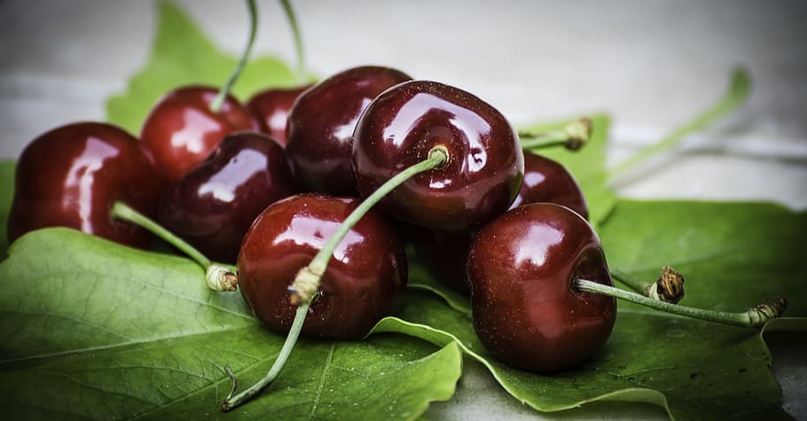 cherry on leaf, fruit, red, summer, eat, food, freshness, ripe HD wallpaper