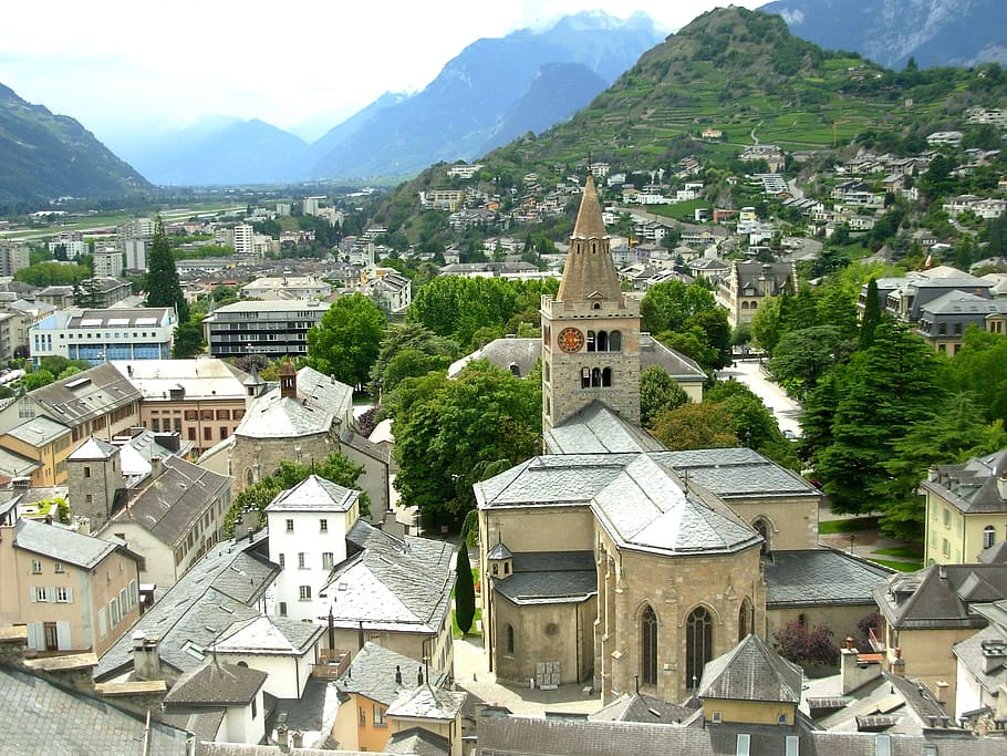 sion, switzerland, town, city, urban, buildings, church, architecture, HD wallpaper