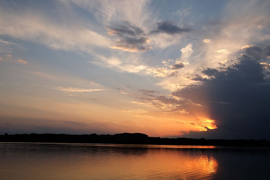 lake, sunset, clouds, paint, landscape, nature, evening, sky HD wallpaper