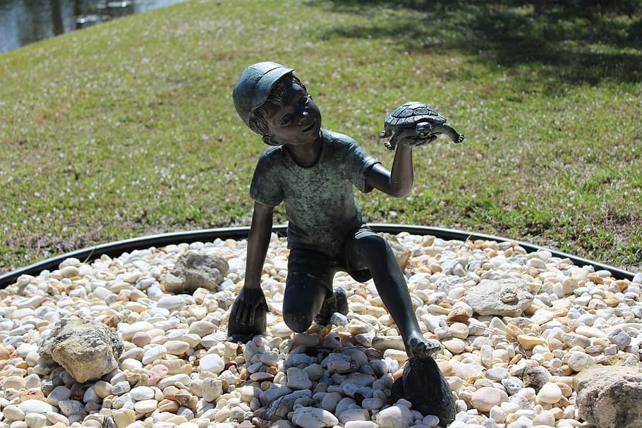 statue, boy, turtle, child, sculpture, outdoor, people, rock HD wallpaper