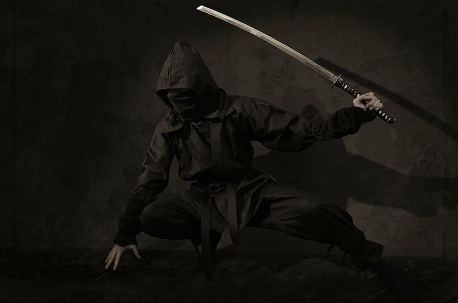man in black hoodie, ninja, warrior, japan, assassin, sword, mask, HD wallpaper