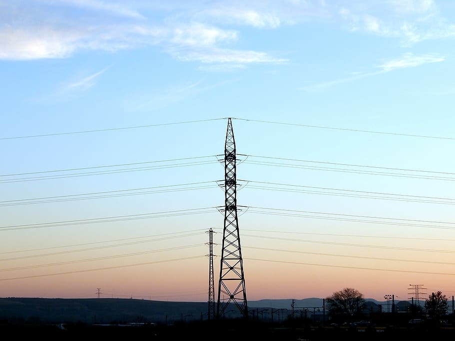 sunset, electricity, electrical tower, hv, turrets, sky, cable HD wallpaper