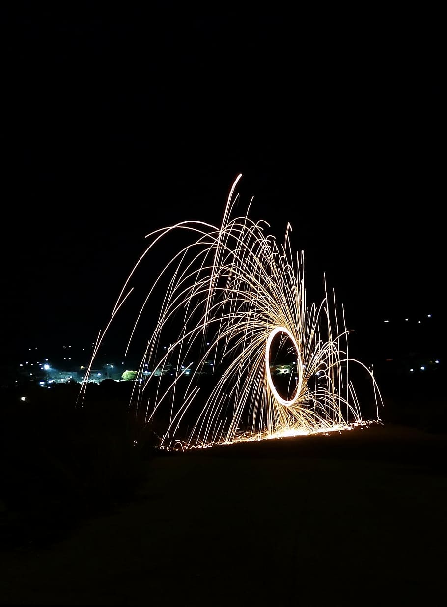 night, shutter, sparks, illuminated, motion, long exposure HD wallpaper