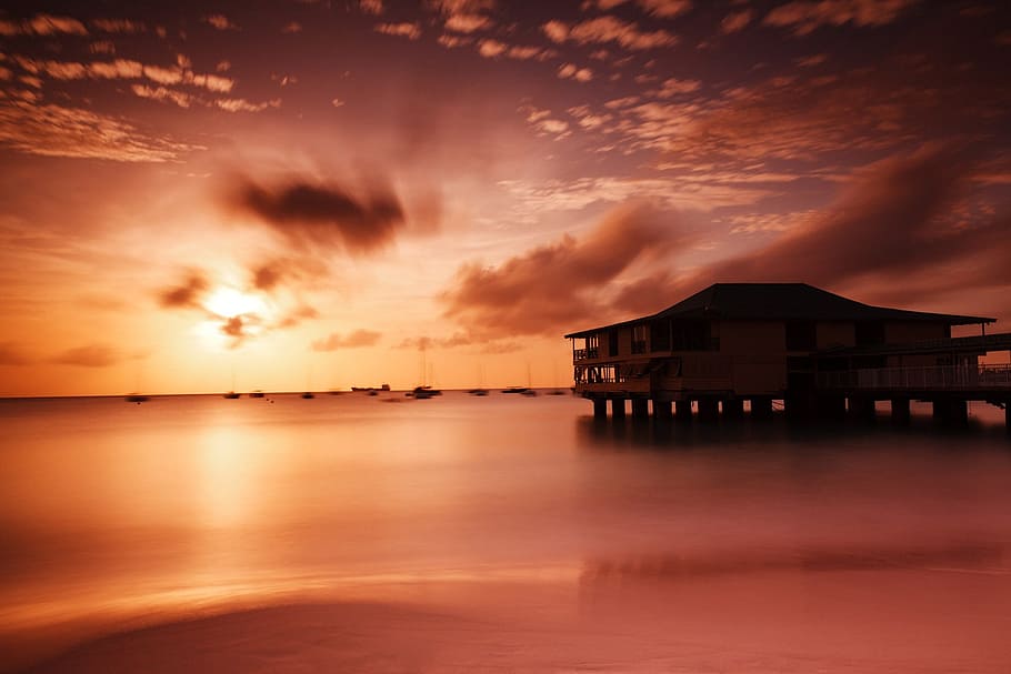 gray wooden house during sunset, beautiful, evening, clouds HD wallpaper