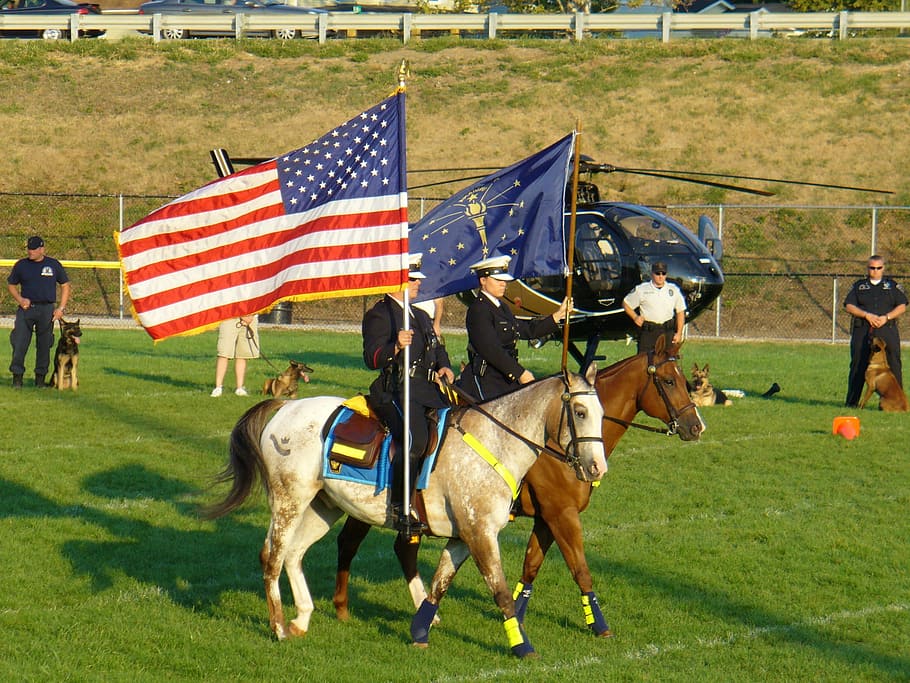 Police, Cavalry, K-9, Show, American Flag, k-9 show, indiana flag, HD wallpaper