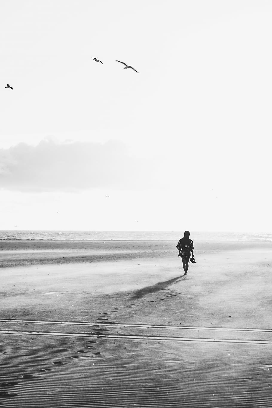 person walking on sand with birds flying over, silhouette, sands