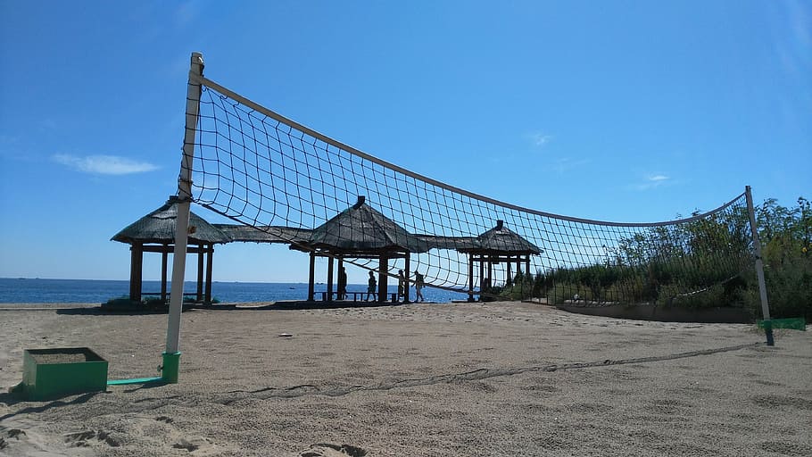 volleyball, net, idle, beach, serenity, blue sky, sea, sand, HD wallpaper