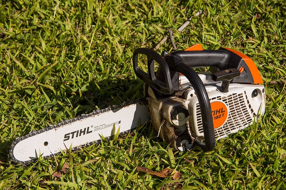 white Stihl gas chainsaw on grass, tool, power, blade, machine