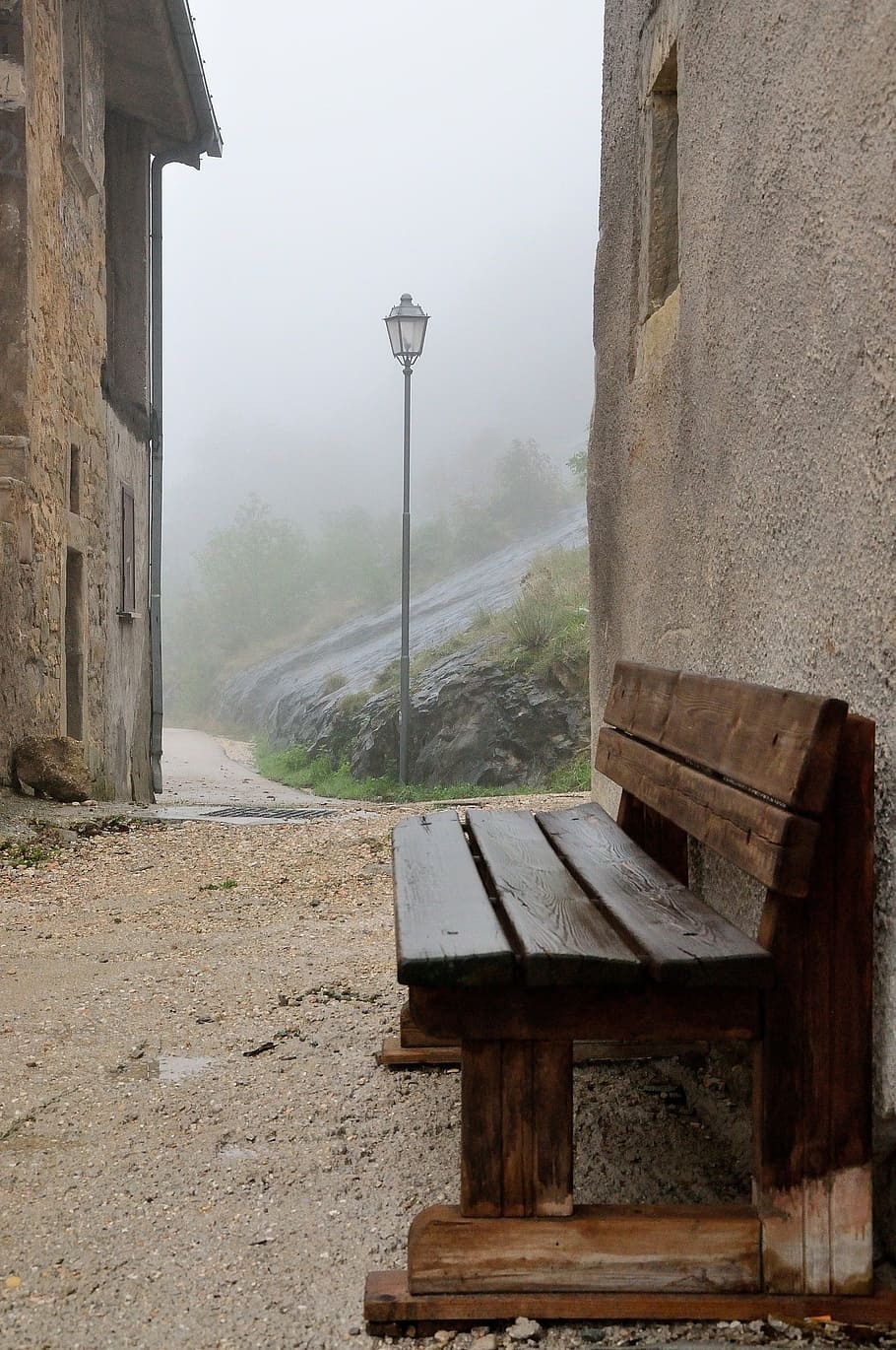 bench, glimpse, fog, solitude, mountain, architecture, built structure HD wallpaper
