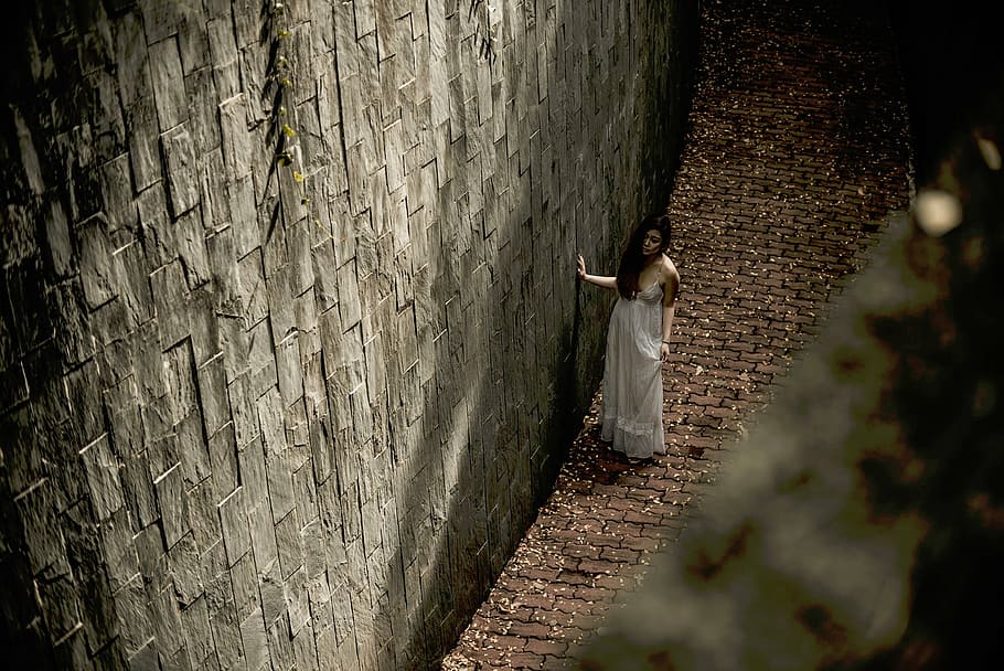 woman leaning on the wall, stones, walls, flooring, bricks HD wallpaper