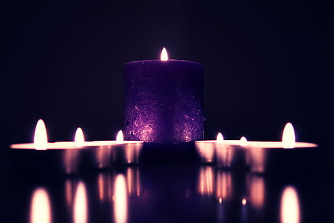 purple candle on black desk, dark, light, fire, night, blur HD wallpaper