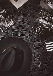 fedora hat and camera flat lay photography, black, vintage HD wallpaper