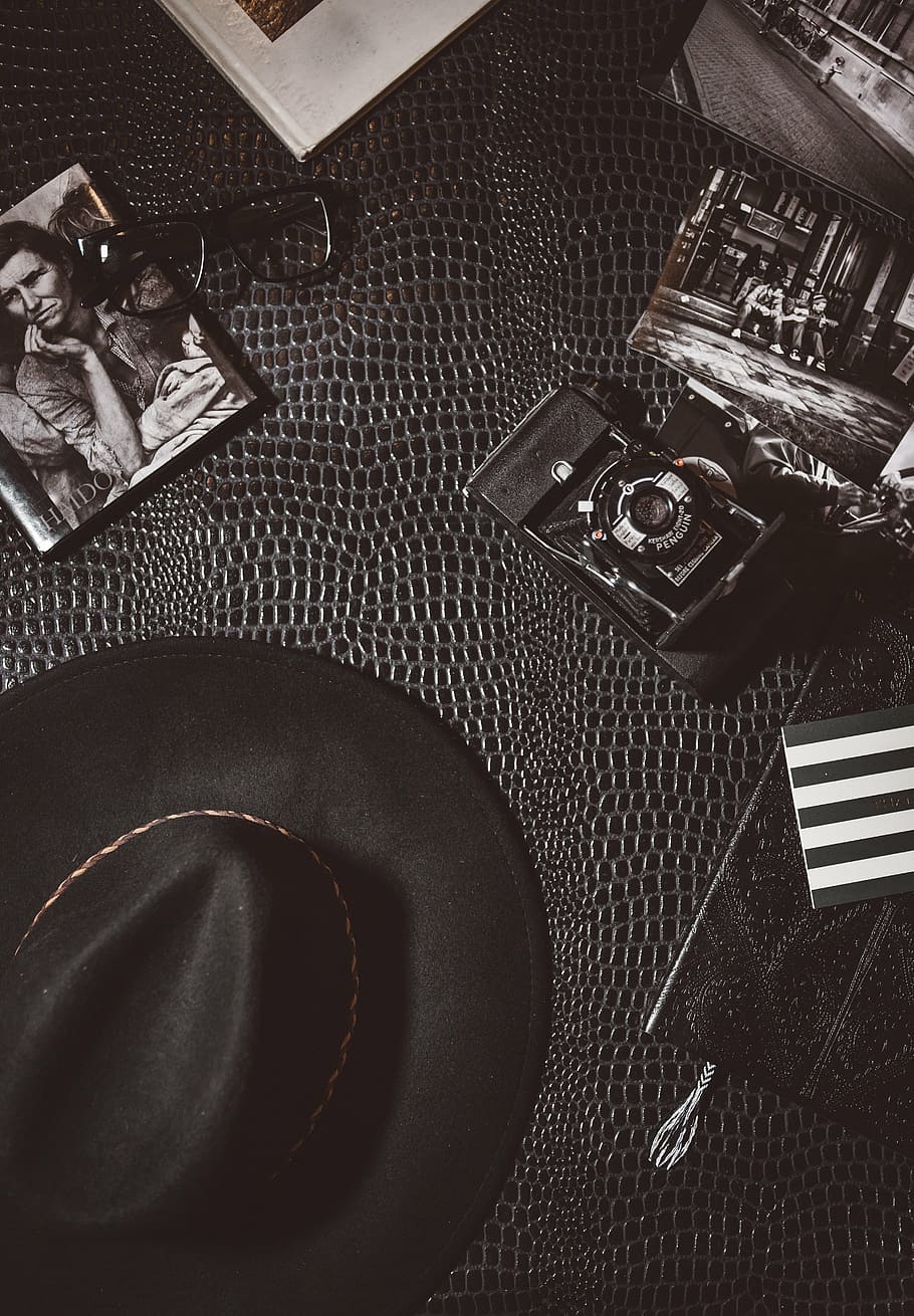 fedora hat and camera flat lay photography, black, vintage HD wallpaper