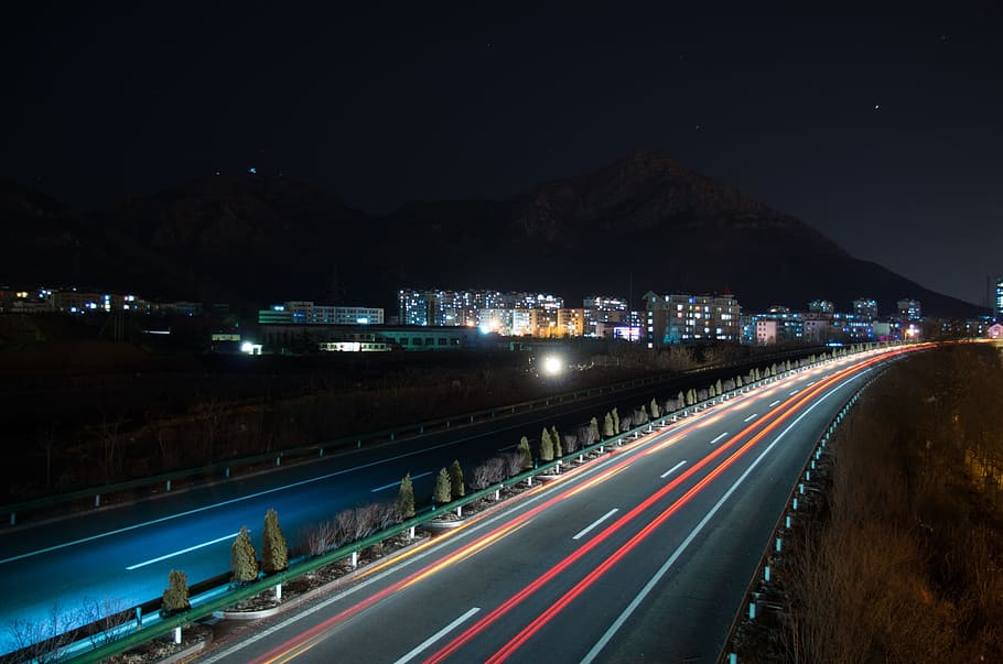 Long Exposure, Traffic, Streamer, illuminated, night, light trail HD wallpaper
