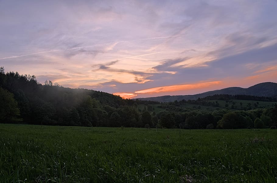 sunset, sky, mountain evening, forest, panorama, view, beauty HD wallpaper
