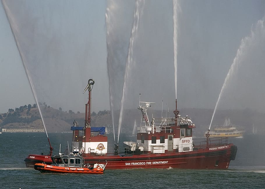 Fireboat, Ships, Spray, Water, Ocean, nautical, coast guard, HD wallpaper