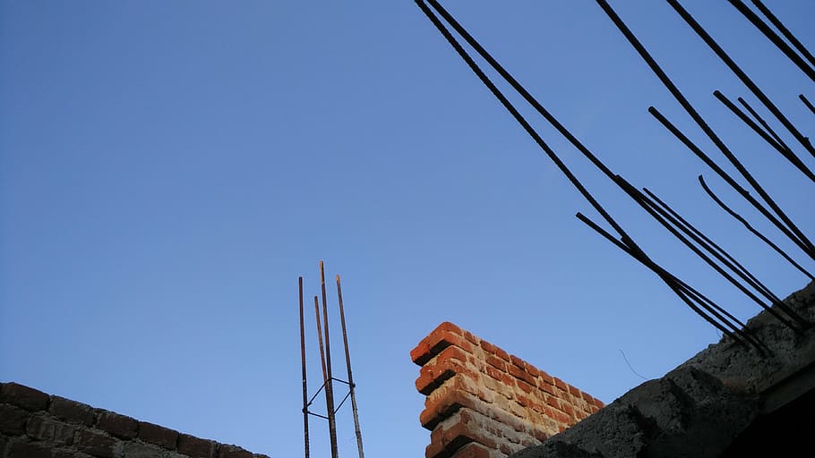 blue sky, iron rods, construct, home, engineering, architecture HD wallpaper