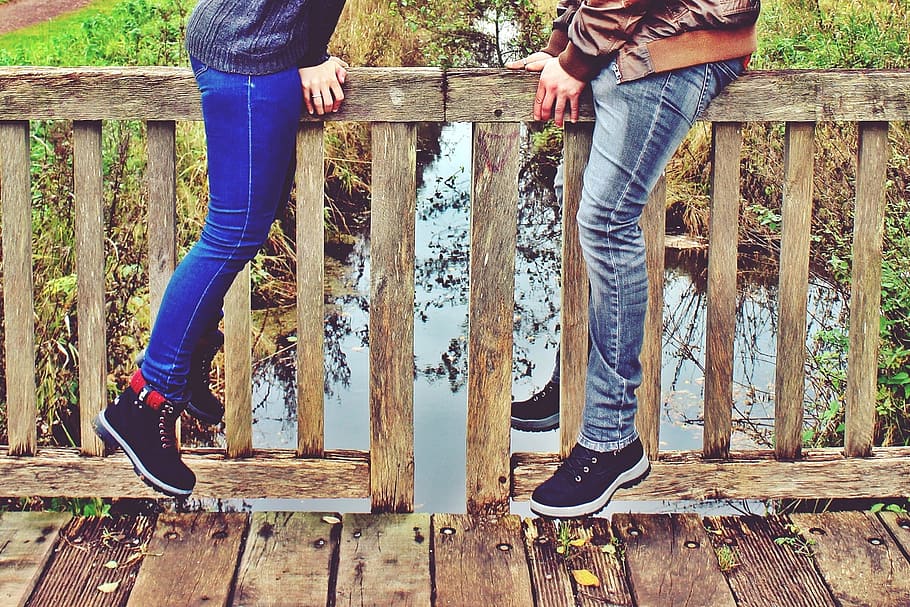 two person on bridge near body of water, railing, river, wooden bridge HD wallpaper