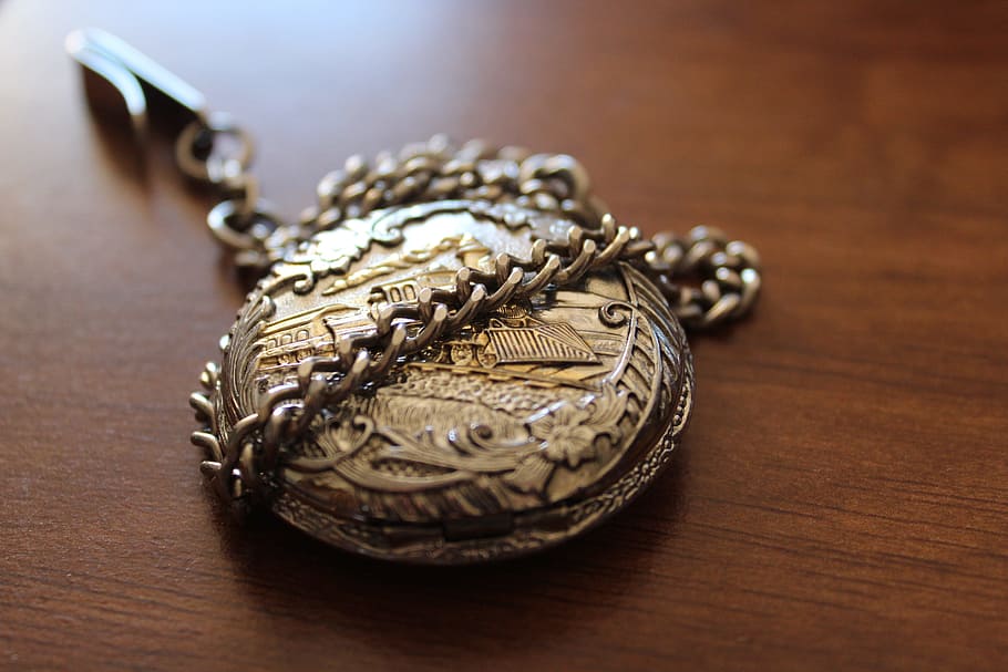 pocketwatch, train, chain, gold, silver, jewelry, indoors, table
