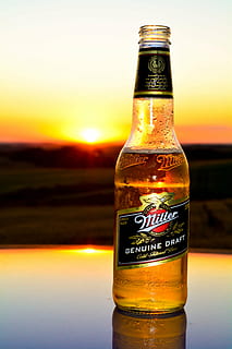 Miller beer bottle, sunset, sol, horizon, nature, sky, landscape HD wallpaper