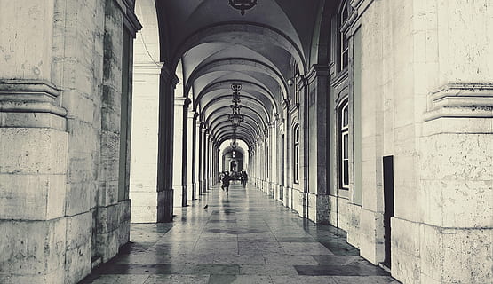 grayscale photography of people walking on alley, arcades, architecture HD wallpaper