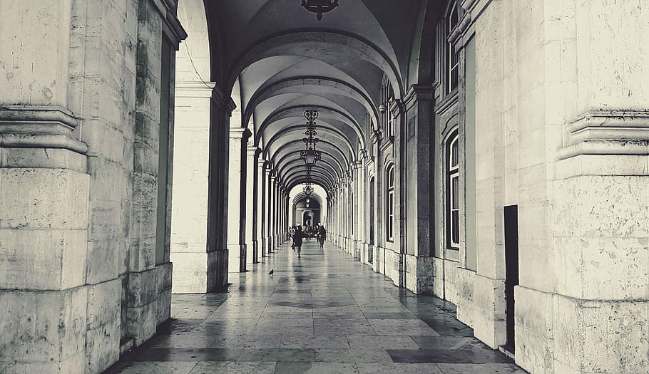 grayscale photography of people walking on alley, arcades, architecture HD wallpaper