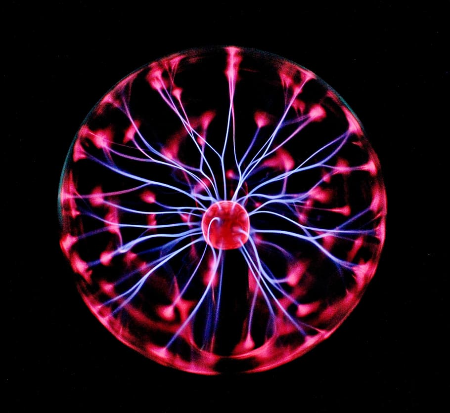 red plasma ball, electric, static electricity, dark, neon, lights