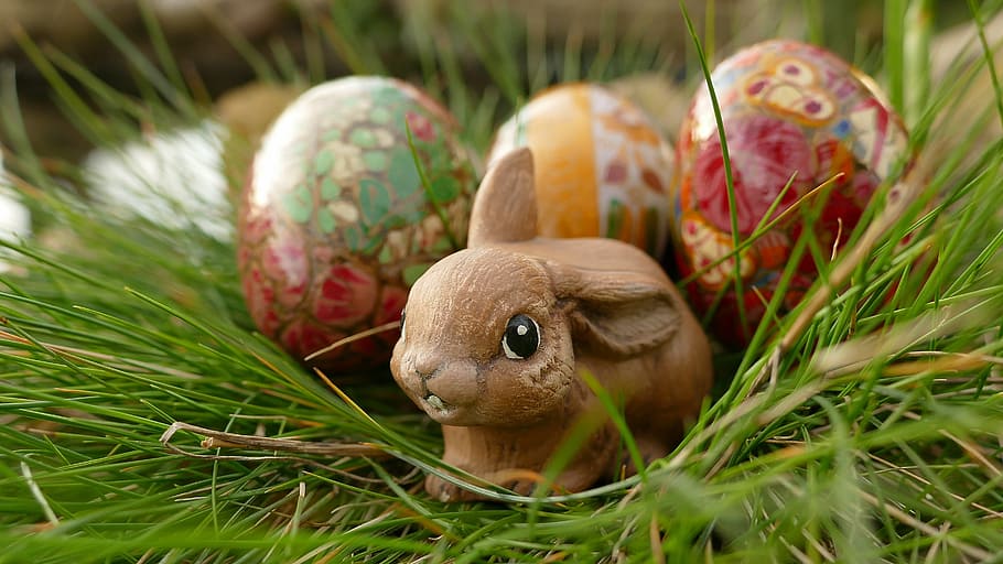 brown rabbit figurine with decorative eggs on grass, Easter Bunny HD wallpaper