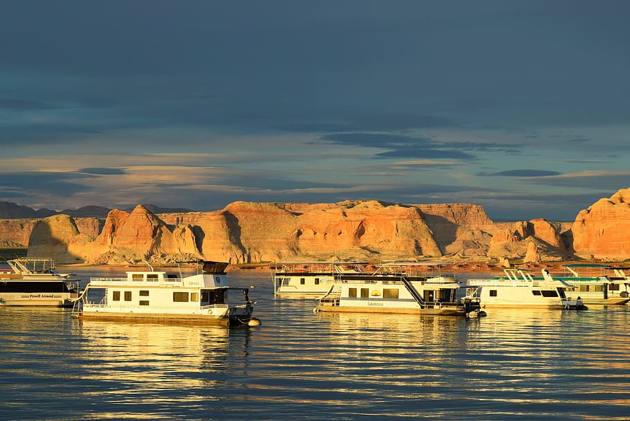Lake Powell, Arizona, Houseboat, page, water, reflection, river, HD wallpaper