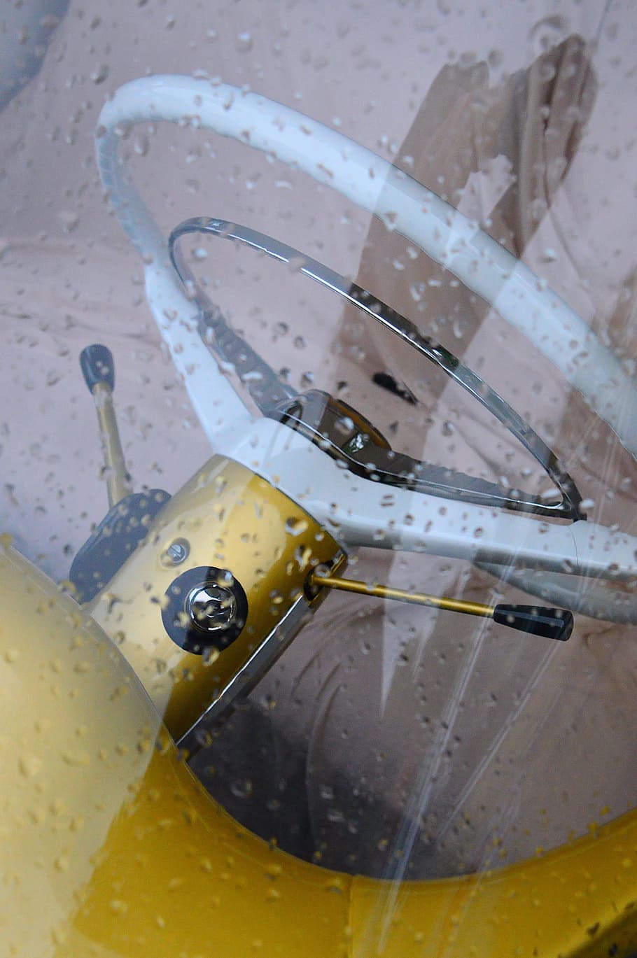 car, oldtimer, yellow, rain, old car, veteran, vintage vehicles HD wallpaper
