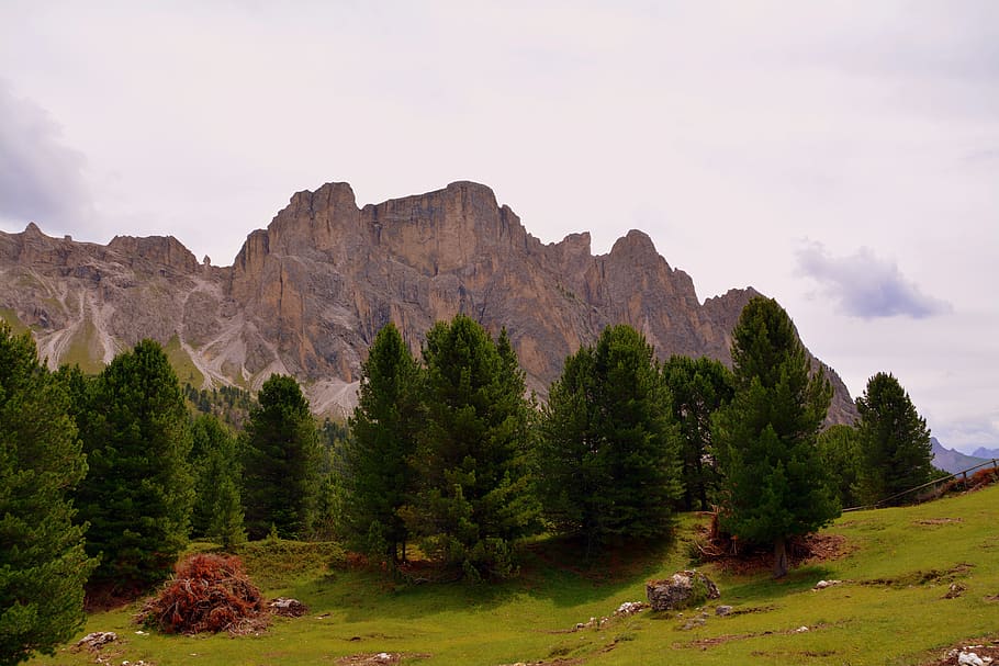 dolomites, mountain, prato, rock, clouds, sky, nature, italy HD wallpaper