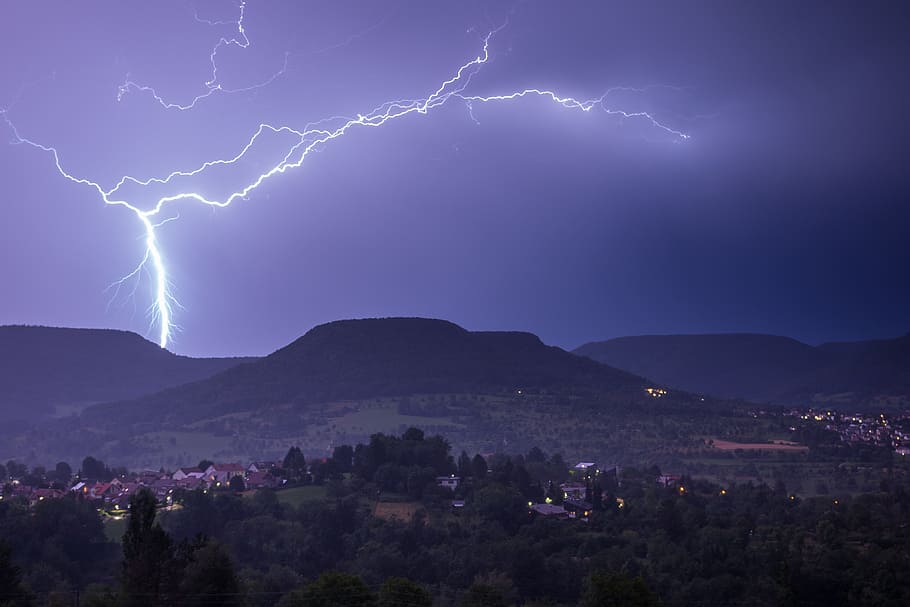mountain covered with trees under thunder, flash, thunderstorm, HD wallpaper