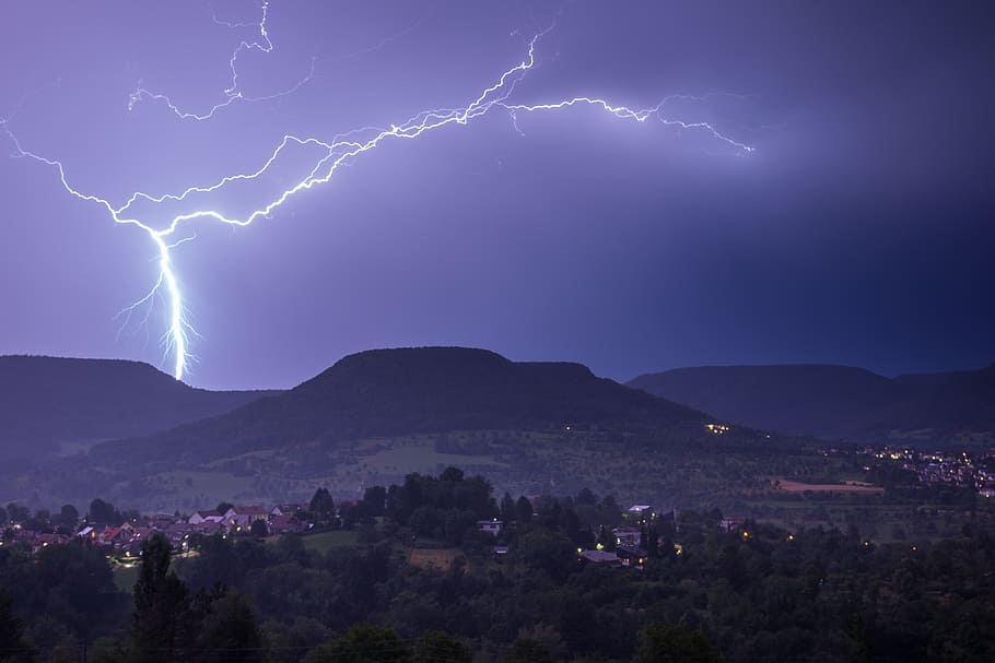 mountain covered with trees under thunder, flash, thunderstorm HD wallpaper