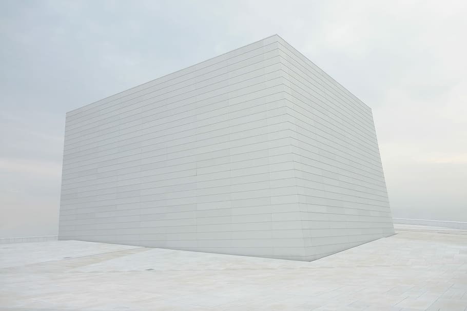 white building on snow field, rectangular white box, structure HD wallpaper