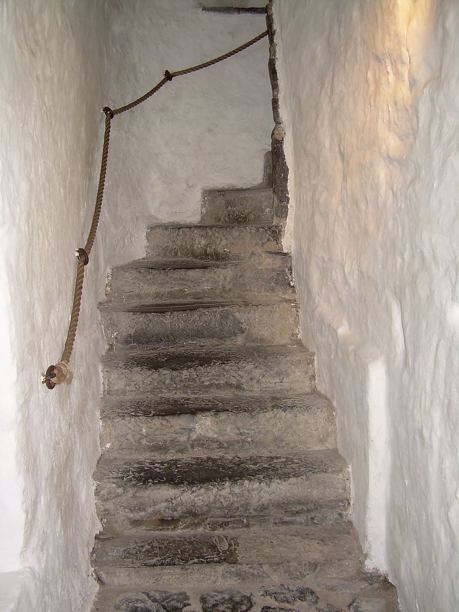 stairs, steep, stone, rise, railing, old, gradually, staircase HD wallpaper