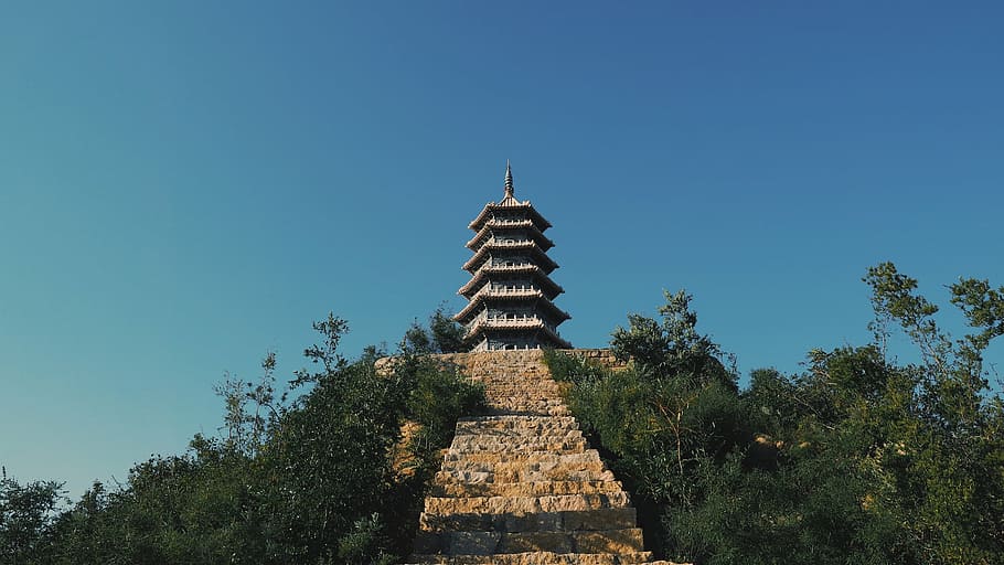gray pagoda temple on top of hill, landmark, architecture, structure HD wallpaper