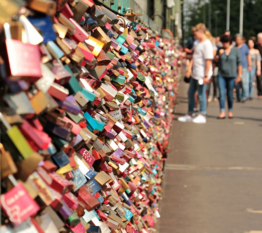 piled padlock on wall, love castle, hohenzollern bridge, love locks, HD wallpaper