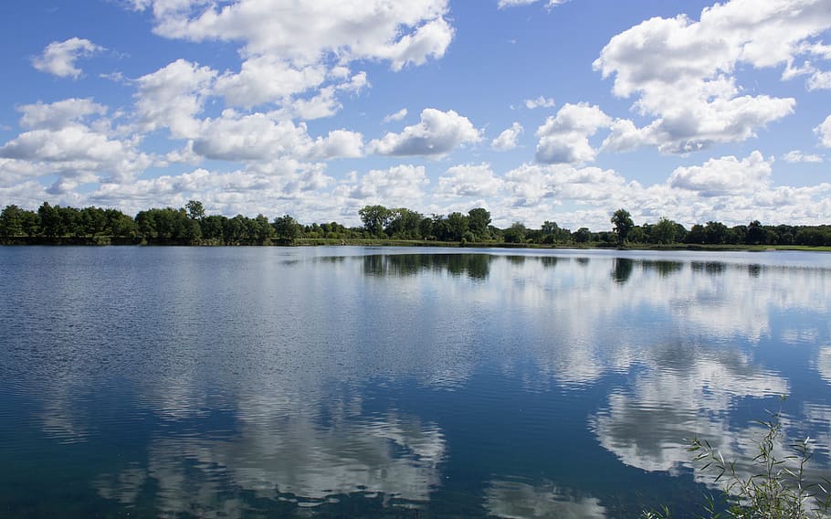 lake, water, nature, reflection, trees, plants, clouds, sky HD wallpaper