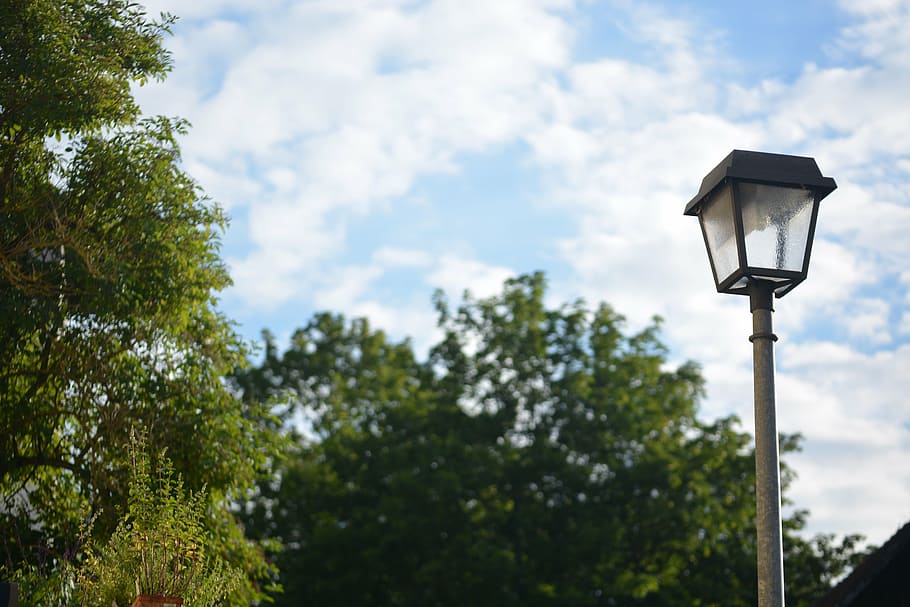 lantern, clouds, sky, green, tree, cloud - sky, lighting equipment HD wallpaper