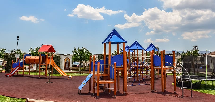 orange metal playground, modern, design, architecture, equipment HD wallpaper