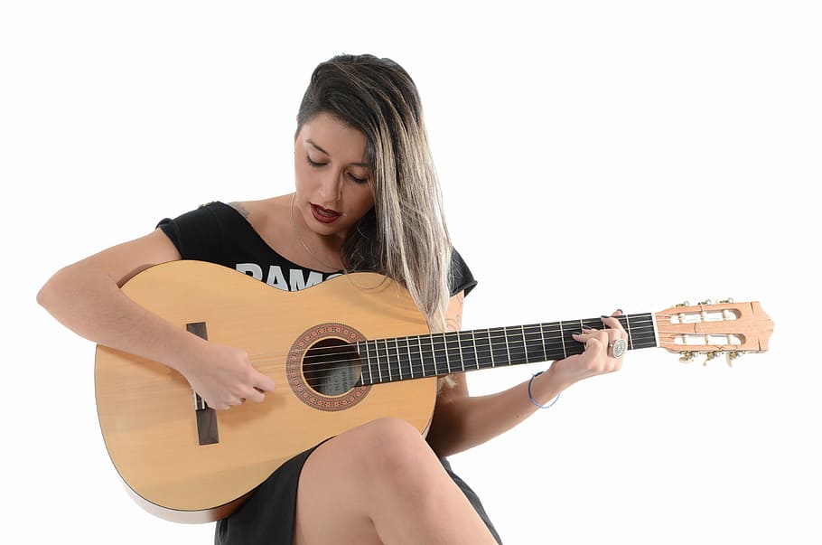 woman in black shirt holding beige guitar, sing, music, rock