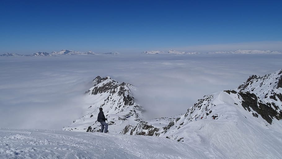 mountain, clouds, landscape, snow, nature, high mountain, blue HD wallpaper