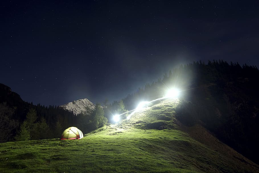 yellow dome tent on green mountain, highland, dark, sky, landscape HD wallpaper