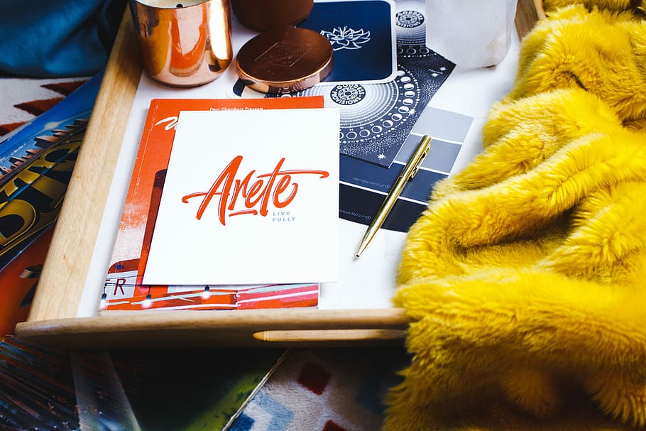 Arete book on table, Anete book beside twist pen, desk, note HD wallpaper