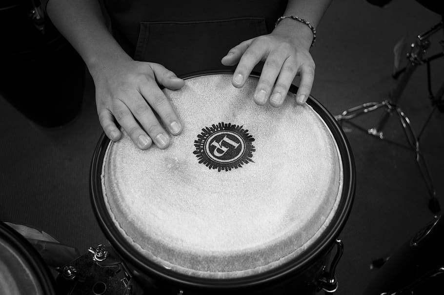 band, beat, black-and-white, bongo drum, drummer, hands, loud, HD wallpaper